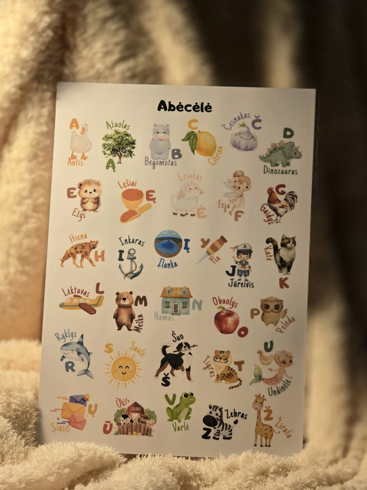 Lietuviškos abėcėlės plakatas (A4)